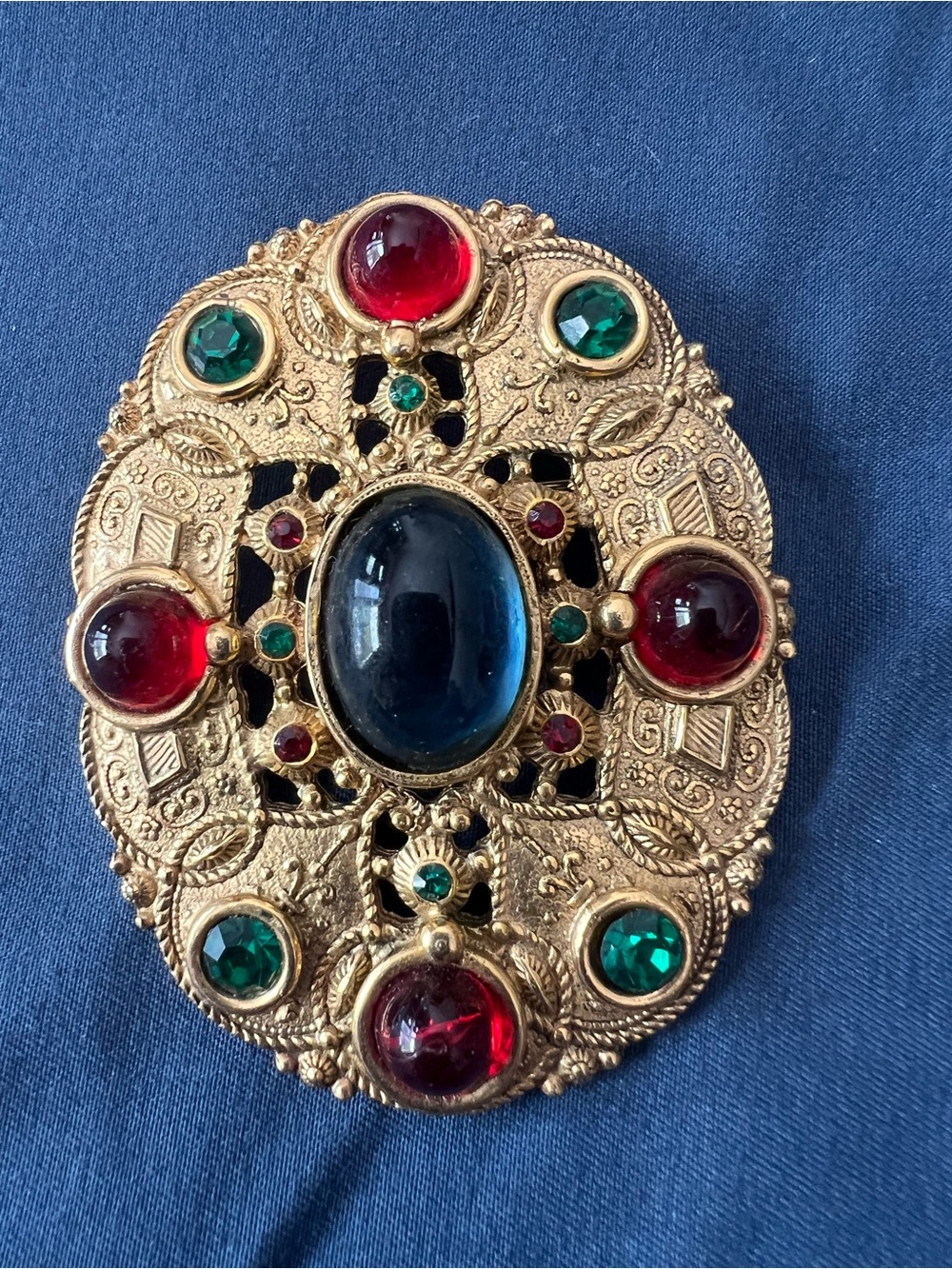Vintage Gold-Tone Oval Brooch with Blue, Red and Green Gem Accents